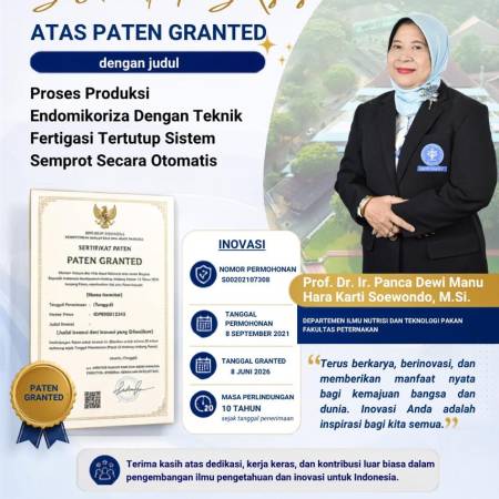 Selamat dan sukses atas paten granted karya Prof. Dr. Ir. Panca Dewi MHKS, M.Si