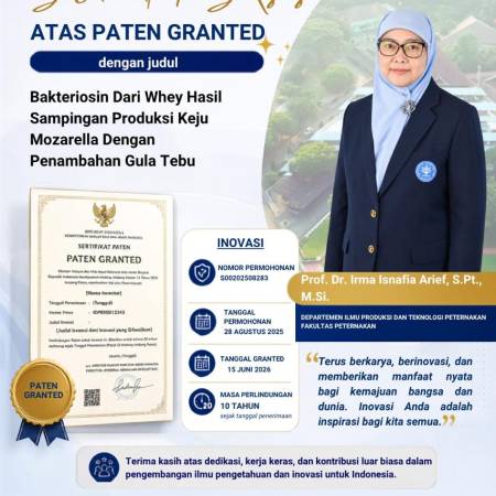 Selamat dan sukses atas paten granted karya Prof. Dr. Irma Isnafia Arief, S.Pt, M.Si